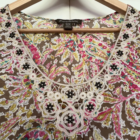 {Tommy Bahama} Paisley Print Blouse with Embellished Neckline - Women's Medium - Picture 2 of 10